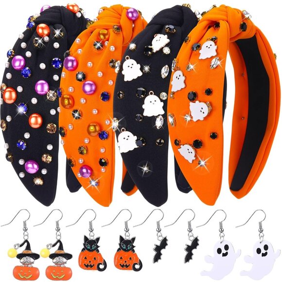 Halloween Headband and Earrings Set Women Rhinestone Pearl Ghost Bat Pumpkin - Picture 1 of 6